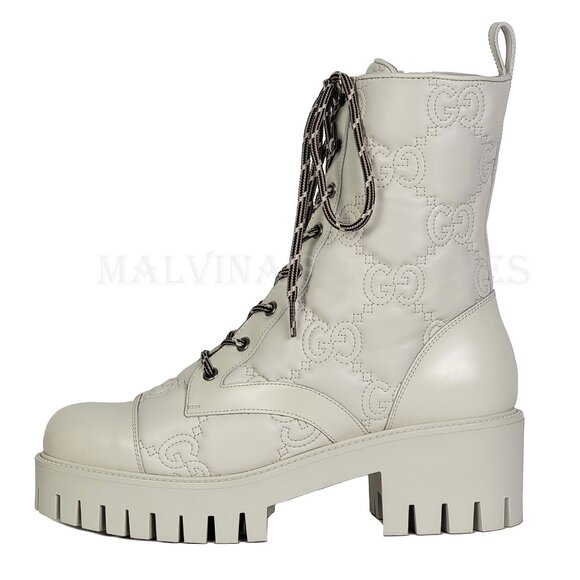 GUCCI BOOTS ANKLE WHITE GG LOGO LEATHER QUILTED LACE-UP  sz 41 11 US - Picture 7 of 15